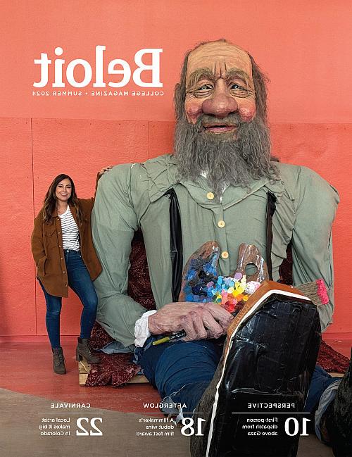 Cover of Beloit College Magazine: Sofia Hernandez Crade'13 and a puppet of Charles Rockey.